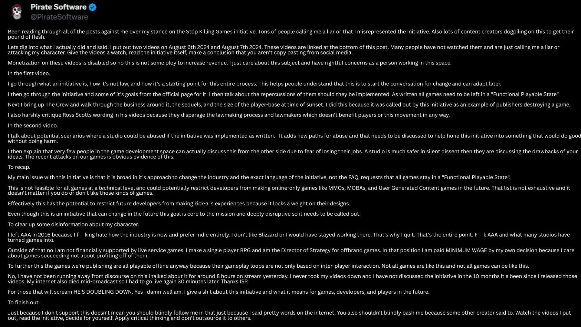 Pirate Software's initial response to the posts against him is nearly 900 words long (Image via @PirateSoftware/X)